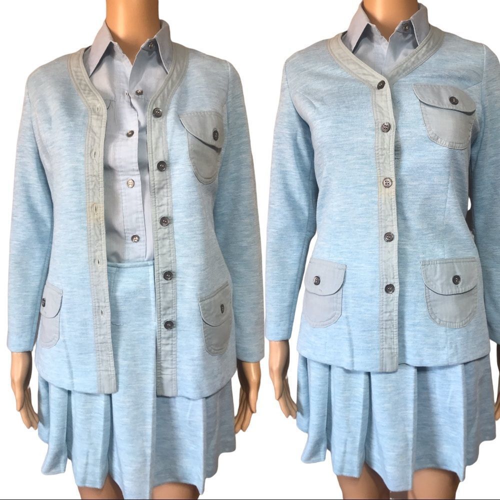 Vtg 60s 70s College Town 3-piece mini skirt jacket shirt set modern size XXS-XS